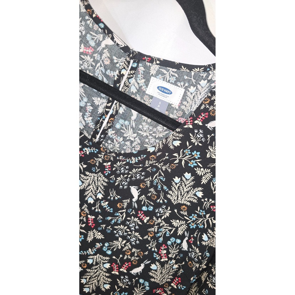 $25 NWT OLD NAVY long sleeve babydoll dress S Tall black blue floral bunny zips - Picture 13 of 14